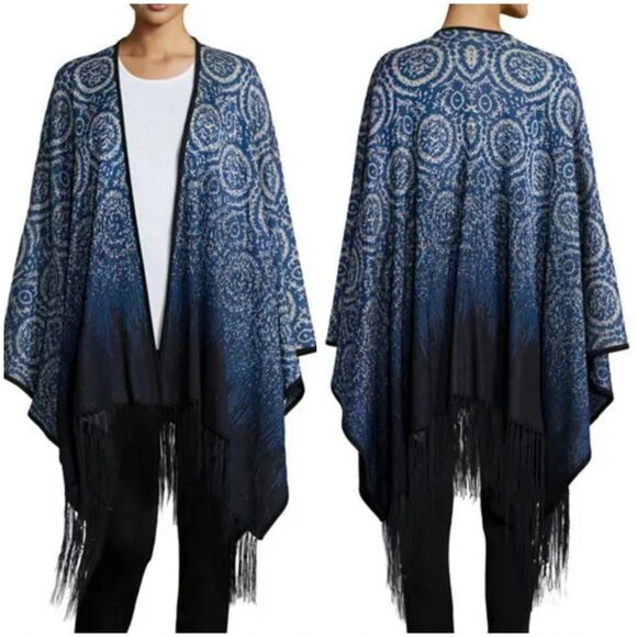 Misook Open Front Blue and Black Fringe Poncho Wrap Shawl Cardigan One Size - Picture 1 of 10